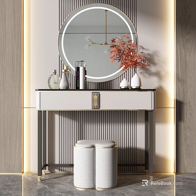 Elegant Modern Dressing Table with Round Mirror Red Flowers Vase Perfume Bottles and Stool 3d model 