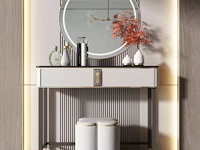 Elegant Modern Dressing Table with Round Mirror Red Flowers Vase Perfume Bottles and Stool 3d model