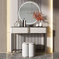 Elegant Modern Dressing Table with Round Mirror Red Flowers Vase Perfume Bottles and Stool