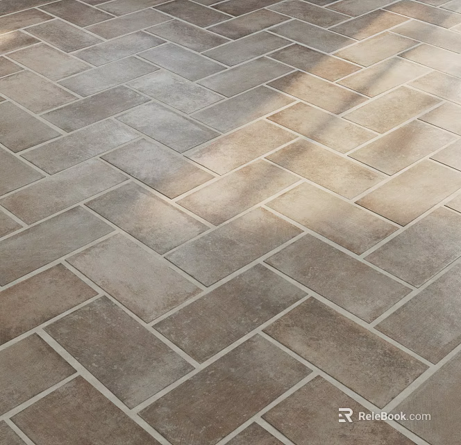 Earthy Brown Herringbone Tile Floor With Textured Surface And Natural Light Shadows 3d model 
