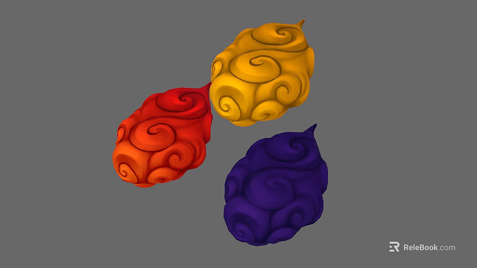 Artistic Colorful Spiral Patterned Cloud Shaped Decorative Items in Red Yellow Blue 3d model 