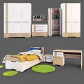 Kids Bed with Yellow Blanket Blue Pillow Wardrobe Desk Bookshelf and Green Rugs