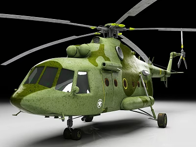 Military Helicopter With Green Camouflage Rotor Blades Cockpit Windows And Landing Gear 3d model