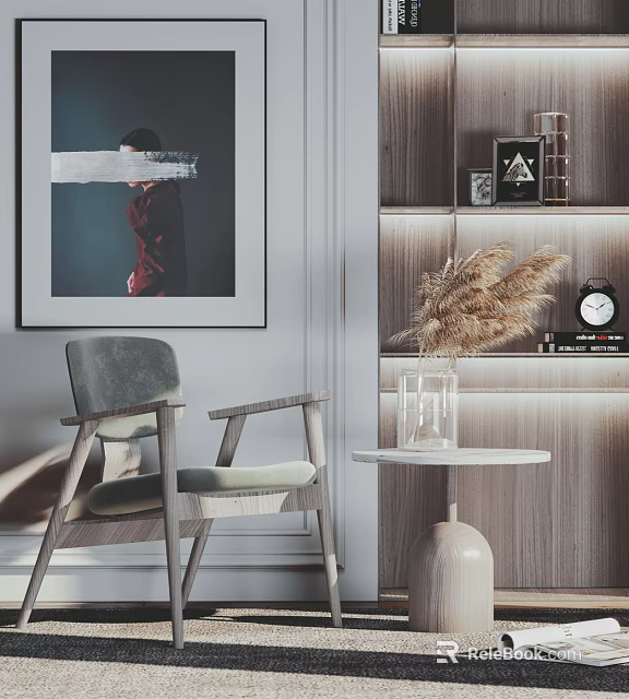 Modern Accent Chair in Stylish Interior with Side Table Dried Pampas Grass and Artwork 3d model 
