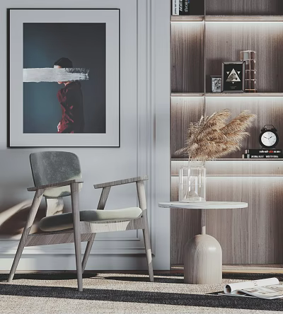 Modern Accent Chair in Stylish Interior with Side Table Dried Pampas Grass and Artwork 3d model