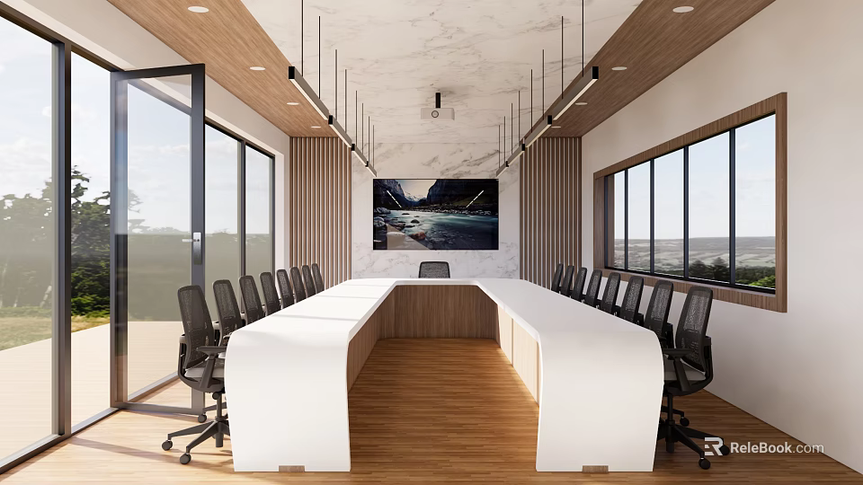 Modern Conference Room With Long White Table Black Office Chairs Large Screen And Windows 3d model 