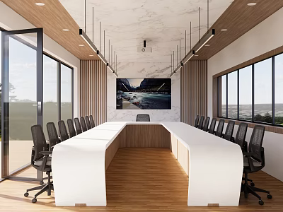 Modern Conference Room With Long White Table Black Office Chairs Large Screen And Windows 3d model