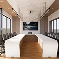 Modern Conference Room With Long White Table Black Office Chairs Large Screen And Windows