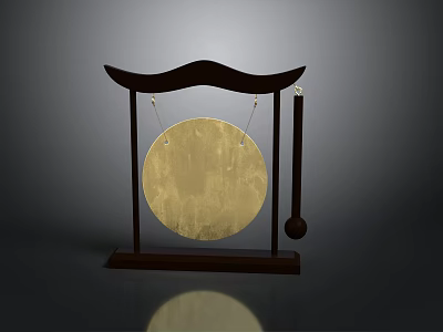 Traditional Gong Instrument With Wooden Frame Round Metal Disc Hanging Mallet And Sturdy Base 3d model