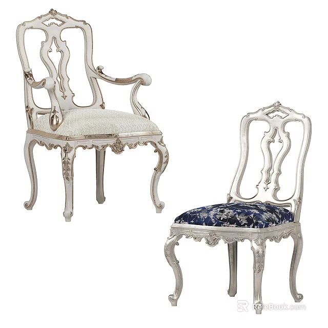 Ornate Leisure Chairs with Silver Carved Frame Light Fabric And Dark Blue Patterned Cushions 3d model 