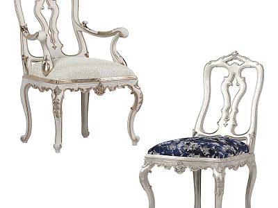 Ornate Leisure Chairs with Silver Carved Frame Light Fabric And Dark Blue Patterned Cushions 3d model