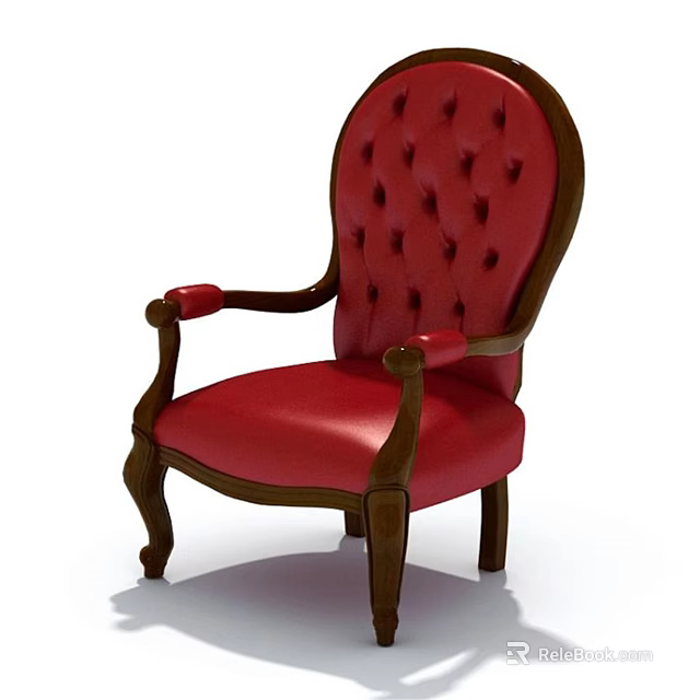 Classic Red Leather Dining Chair With Tufted Backrest Wooden Frame And Armrests Design 3d model 