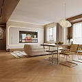 Elegant Open Living Dining Area With Beige Sofa Wooden Flooring Geometric Rug And Pendant Lights
