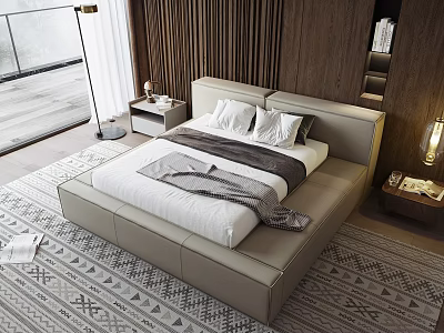 Contemporary Double Bed with Wooden Panel Headboard and Light Frame in Modern Bedroom with Nightstands 3d model