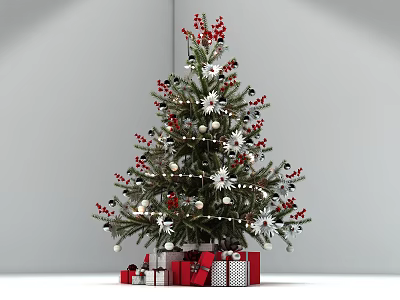 Decorated Christmas Tree With Red Berries White Flowers Ornaments And Gift Boxes 3d model