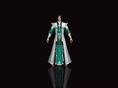 Game and Movie Character in Green White Robe with Ornate Details on Black Background 3d model