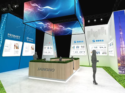 JIANGHO Exhibition Booth Design With Blue White Displays Digital Screens And Green Grass Decor 3d model