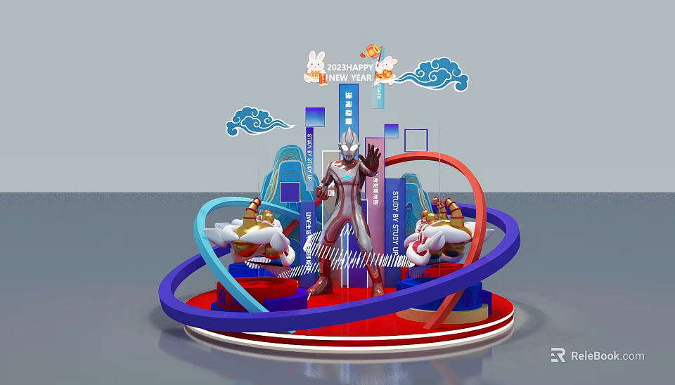 Mid Autumn Festival Themed Exhibition Installation With Rabbit Ultraman Cloud Decorations And Circular Structure 3d model 