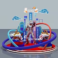 Mid Autumn Festival Themed Exhibition Installation With Rabbit Ultraman Cloud Decorations And Circular Structure