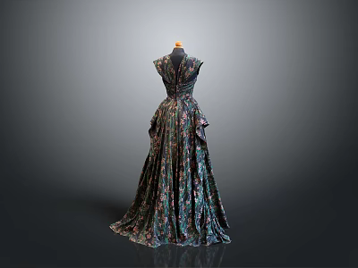 Dark Patterned Long Dress Displayed On Mannequin With Gray Background 3d model