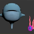 Adorable Blue Whale Accompanied by Soft Pink Coral with Clear Reflection on Gray Background