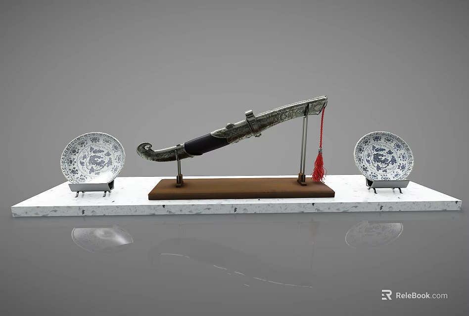 Traditional Decorative Ornament Set With Blue And White Porcelain Plates And Decorative Knife 3d model 