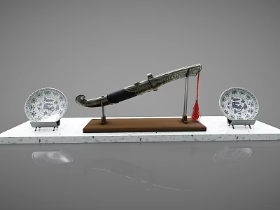 Traditional Decorative Ornament Set With Blue And White Porcelain Plates And Decorative Knife 3d model