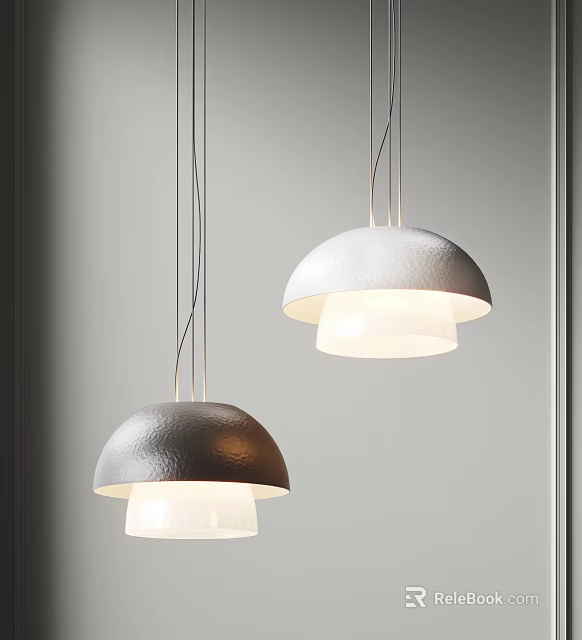 Two Dome Shaped Modern Pendant Lights Textured Shades With White Illuminated Light Against Minimalist Gray Wall 3d model 