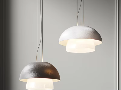 Two Dome Shaped Modern Pendant Lights Textured Shades With White Illuminated Light Against Minimalist Gray Wall 3d model