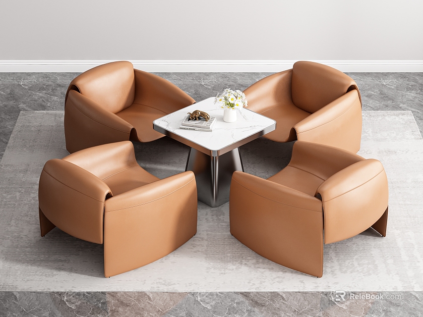 Modern Brown Leather Sofa Set With White Square Coffee Table Flowers And Magazines 3d model 