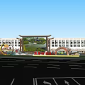 Modern Urban Buildings with Green Park Trees Decorative Arch Road and Blue Sky
