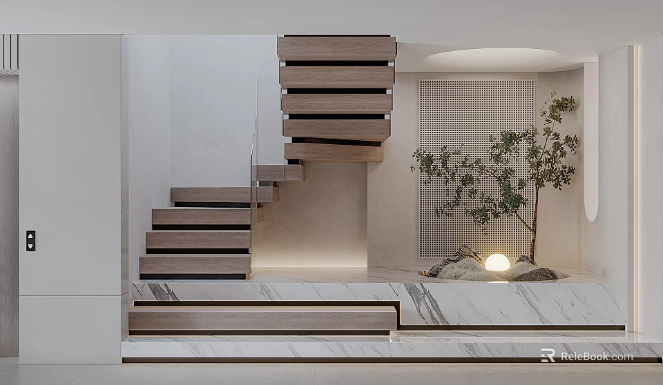 Modern Indoor Landscape Featuring Wooden Floating Stairs Potted Green Plant And Marble Accents 3d model 