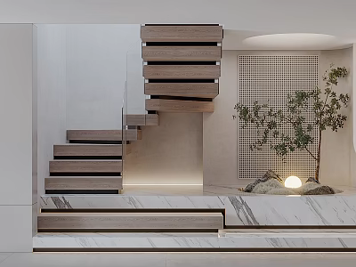 Modern Indoor Landscape Featuring Wooden Floating Stairs Potted Green Plant And Marble Accents 3d model