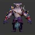 Muscular Game Movie Character With Purple Skin Shark Head Sharp Fangs Blue Orange Armor