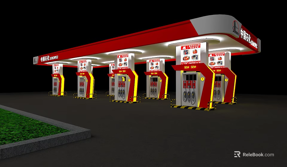 Modern Gas Station With Red White Canopy Multiple Fuel Pumps And Night Lighting 3d model 