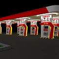Modern Gas Station With Red White Canopy Multiple Fuel Pumps And Night Lighting