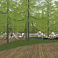 Outdoor Hammock Setup Between Trees With Grass Wooden Deck And People Relaxing