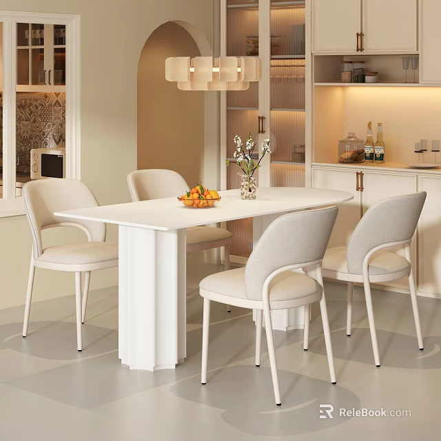 Modern Dining Table Set With White Top Light Colored Chairs Flower Vase And Pendant Light 3d model 