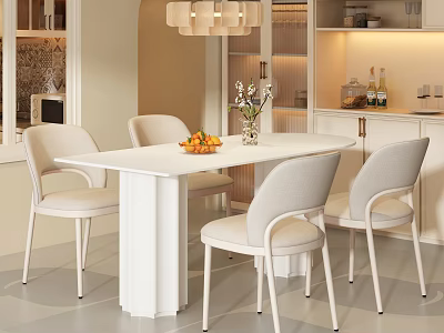 Modern Dining Table Set With White Top Light Colored Chairs Flower Vase And Pendant Light 3d model