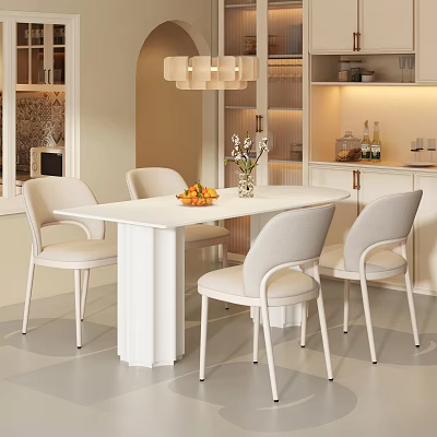 Modern Dining Table Set With White Top Light Colored Chairs Flower Vase And Pendant Light 3d model