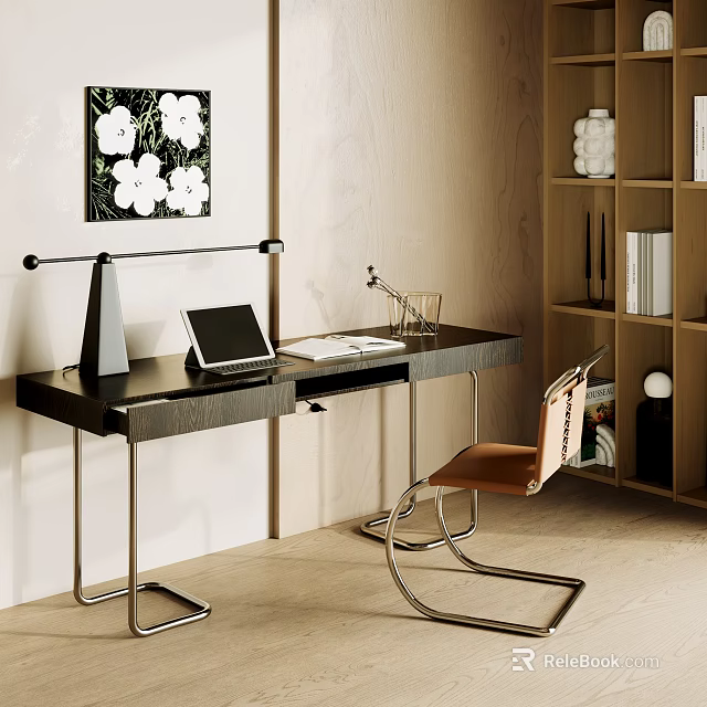 Modern Home Office Desk And Chair Set With Tablet Lamp Glass And Bookshelf Wall Art 3d model 