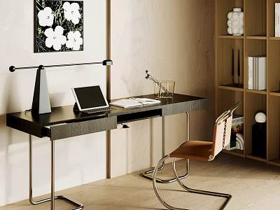 Modern Home Office Desk And Chair Set With Tablet Lamp Glass And Bookshelf Wall Art 3d model