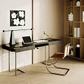 Modern Home Office Desk And Chair Set With Tablet Lamp Glass And Bookshelf Wall Art