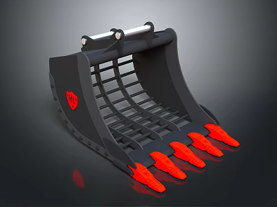 Black Excavator Bucket With Red Tines Logo And Grid Structure Design 3d model