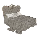 Elegant Double Bed Featuring Ornate Headboard White Gray Pillows And Patterned Bedspread 3d model