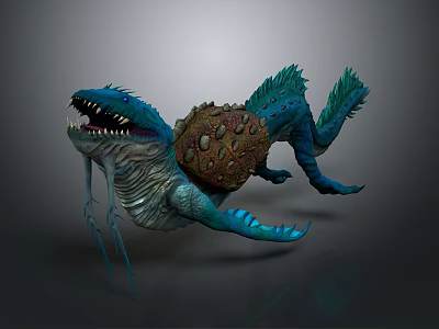 Blue Mythical Creature With Sharp Teeth Bumpy Growth And Fins In Open Mouth Stance 3d model