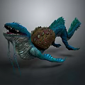 Blue Mythical Creature With Sharp Teeth Bumpy Growth And Fins In Open Mouth Stance