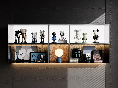 Modern Figurine Display Cabinet Featuring Decorative Items Built in Lighting Photo Frames And Clock 3d model