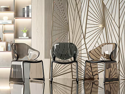 Modern Interior With Acrylic Leisure Chairs And Geometric Patterned Wall Design 3d model