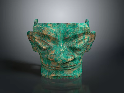 Ancient Bronze Mask Sculpture With Intricate Facial Features And Patina Green Surface 3d model